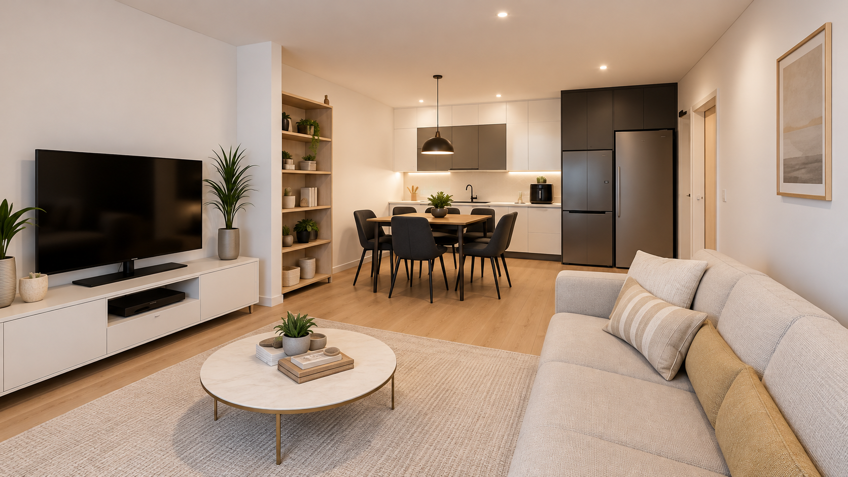 Sala, zona de refeições e cozinha após remodelação